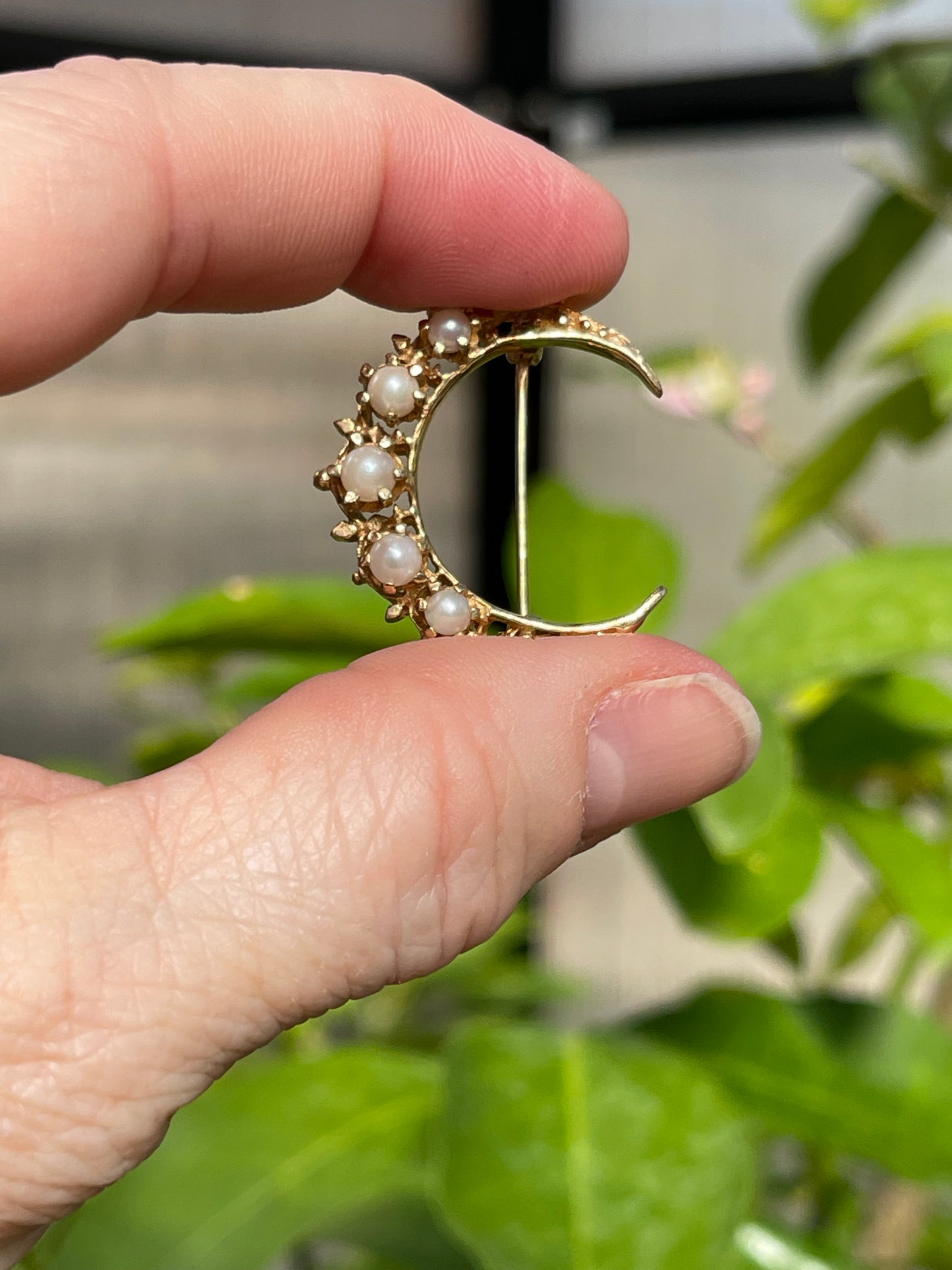 14k and Pearl Crescent Moon brooch