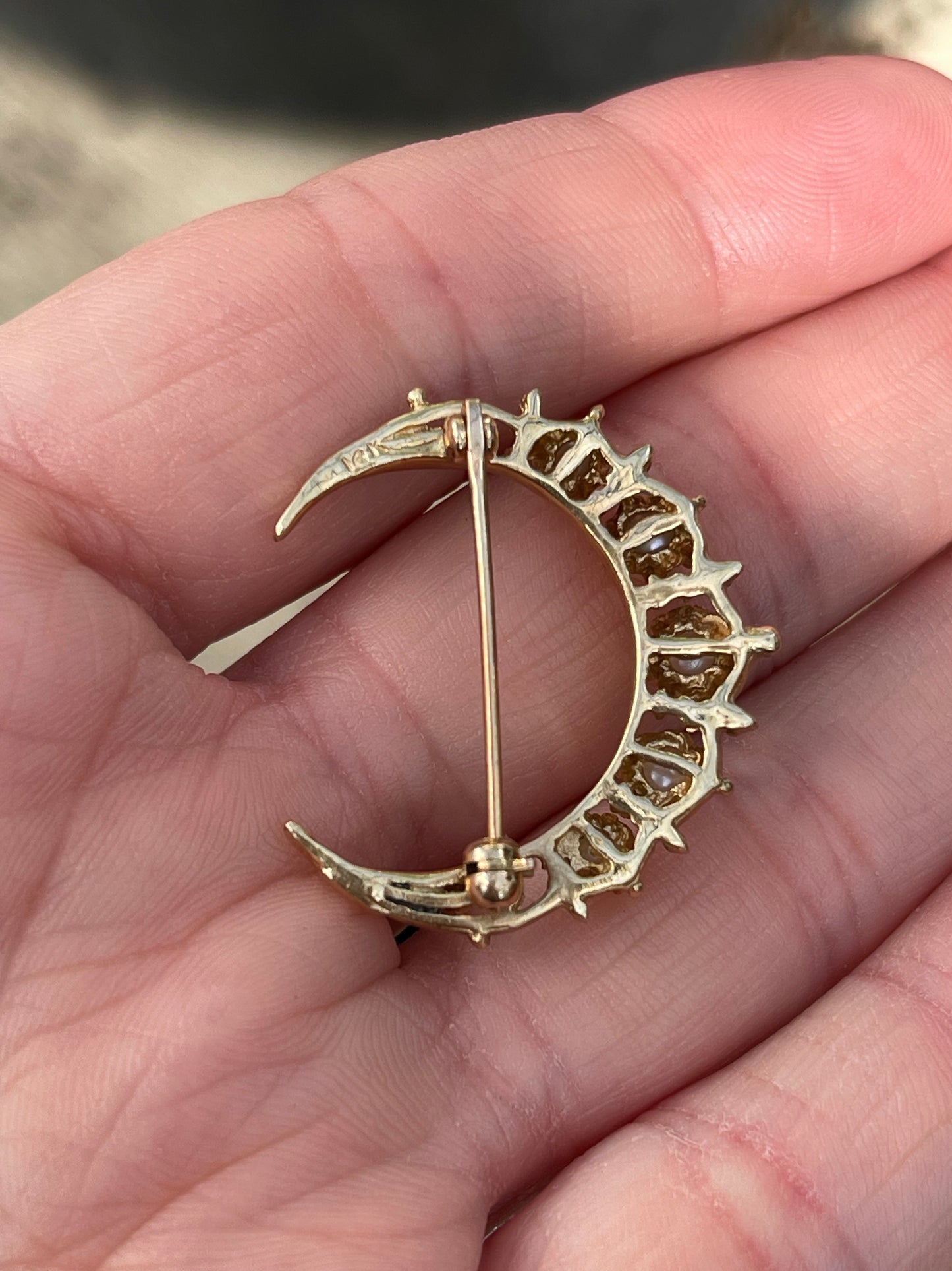 14k and Pearl Crescent Moon brooch